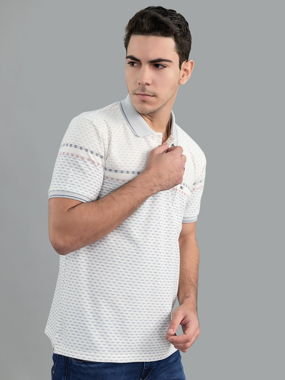 Men Grey Stripe Collar Half Sleeve T-Shirt