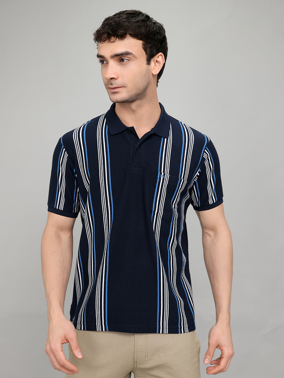 Men Navy Blue Stripe Collar Half Sleeve T-Shirt