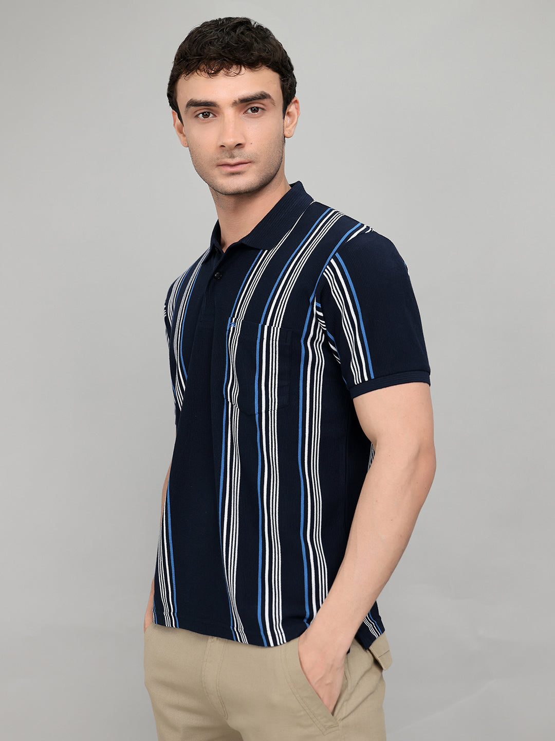 Men Navy Blue Stripe Collar Half Sleeve T-Shirt