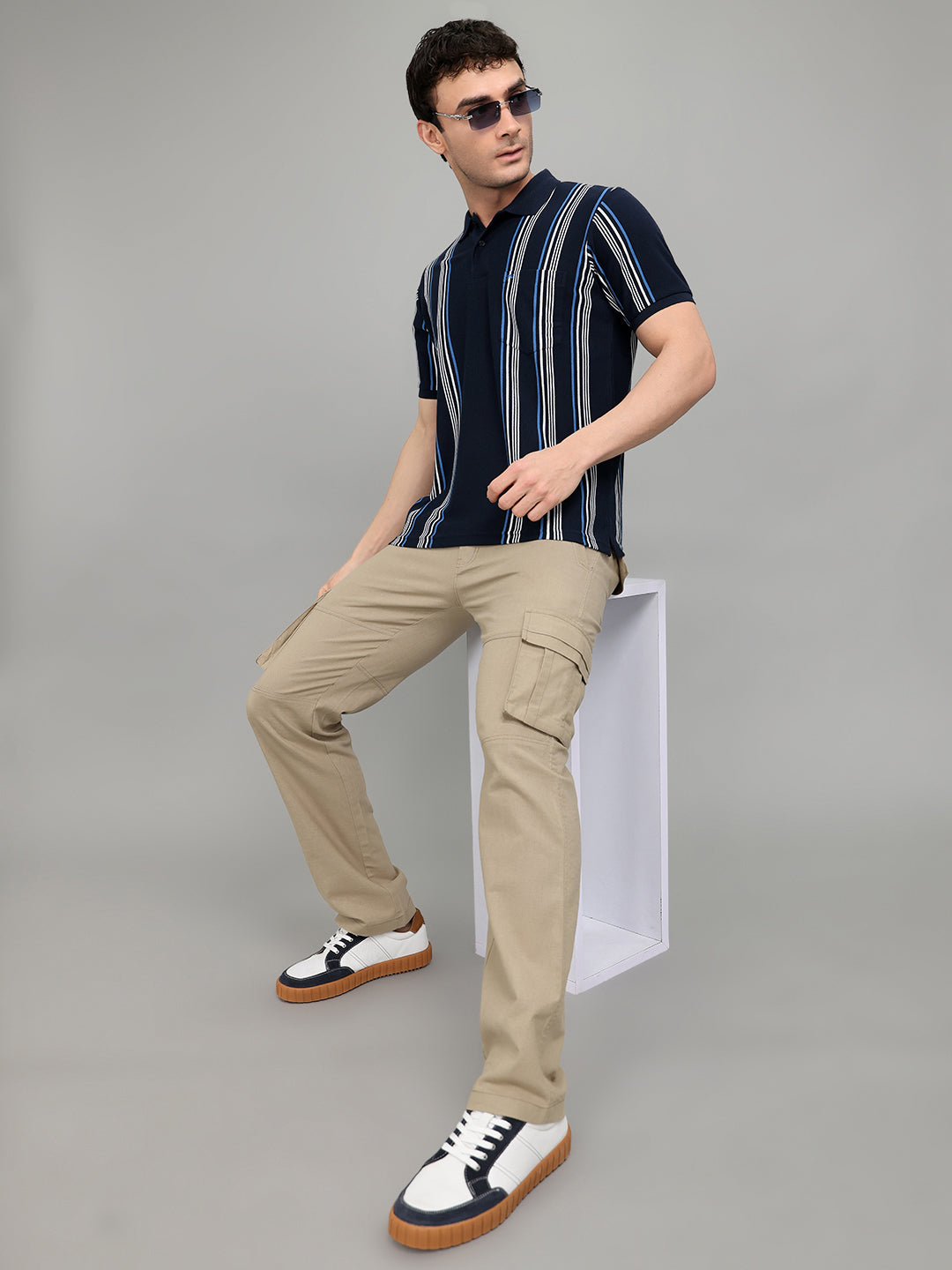 Men Navy Blue Stripe Collar Half Sleeve T-Shirt