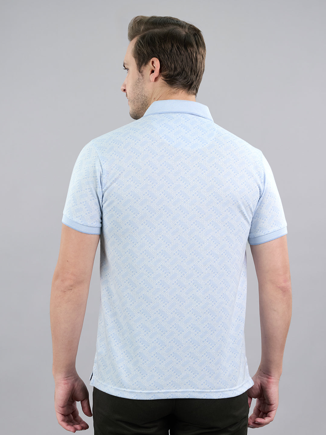 Men Sky Blue Stripe Polo Collar Half Sleeve T-Shirt