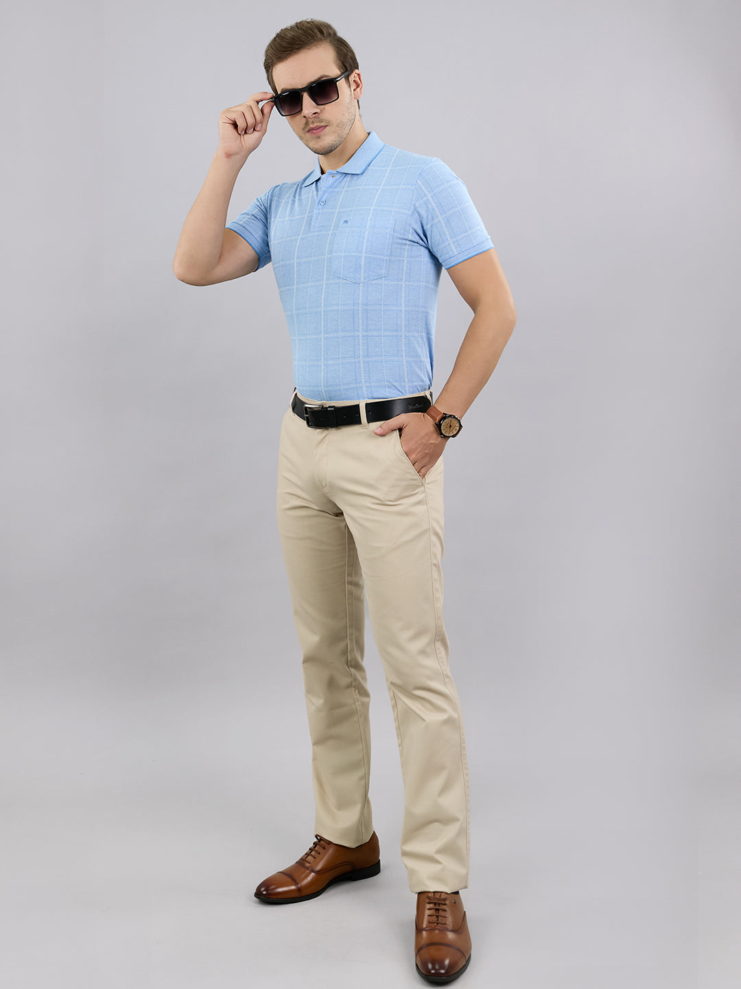 Men Sky Blue Stripe Polo Collar Half Sleeve T-Shirt