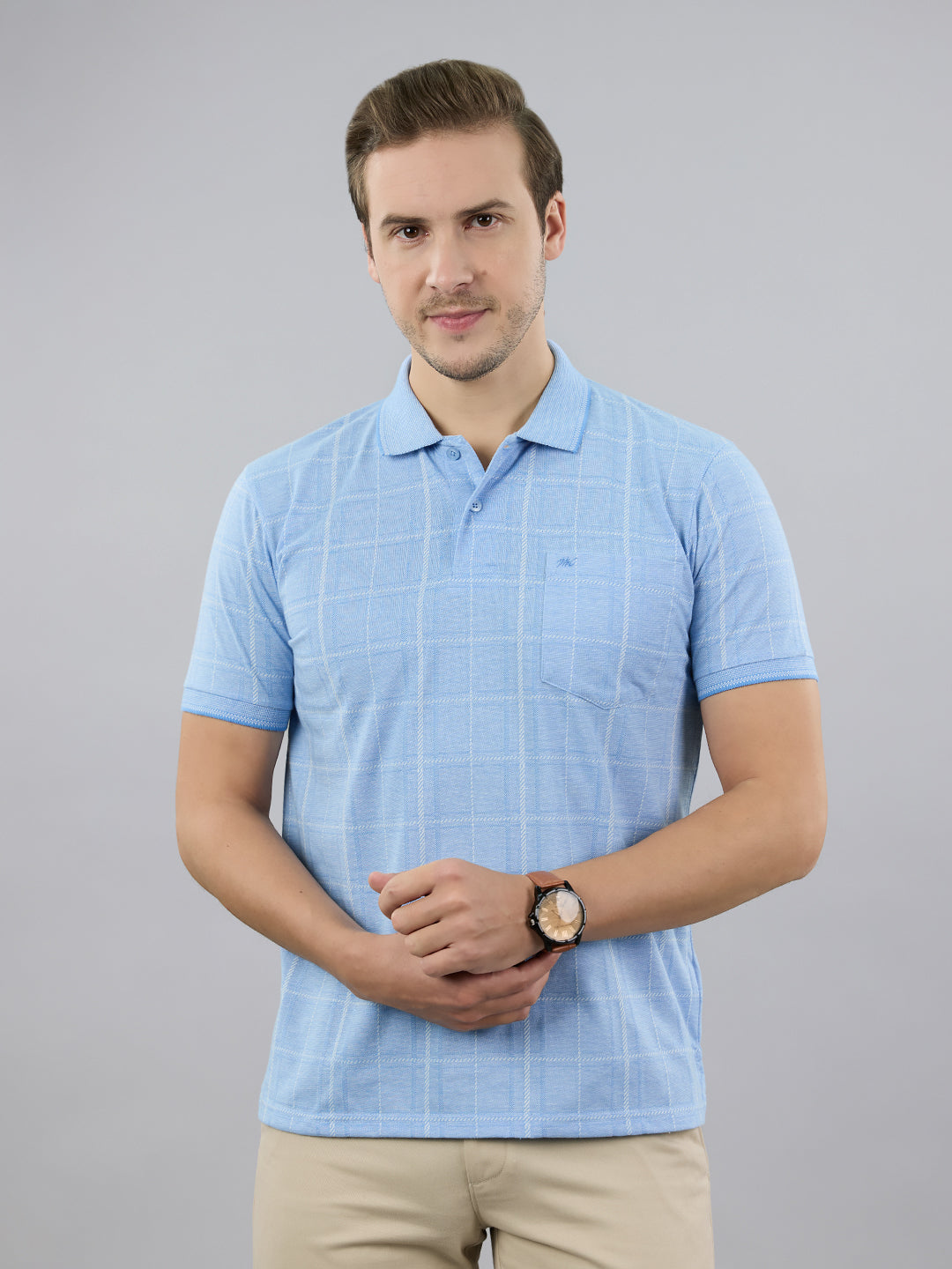Men Sky Blue Stripe Polo Collar Half Sleeve T-Shirt