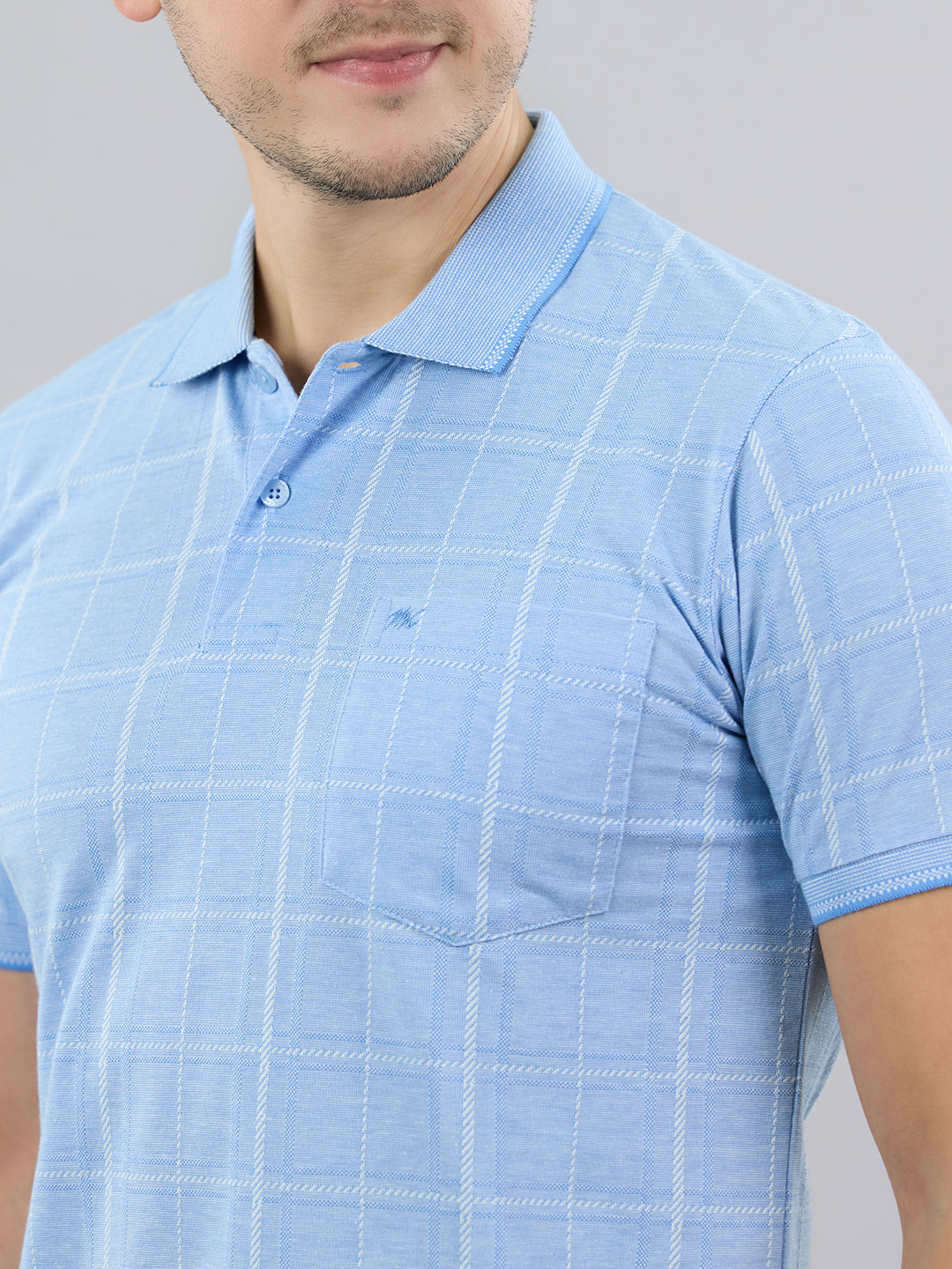 Men Sky Blue Stripe Polo Collar Half Sleeve T-Shirt