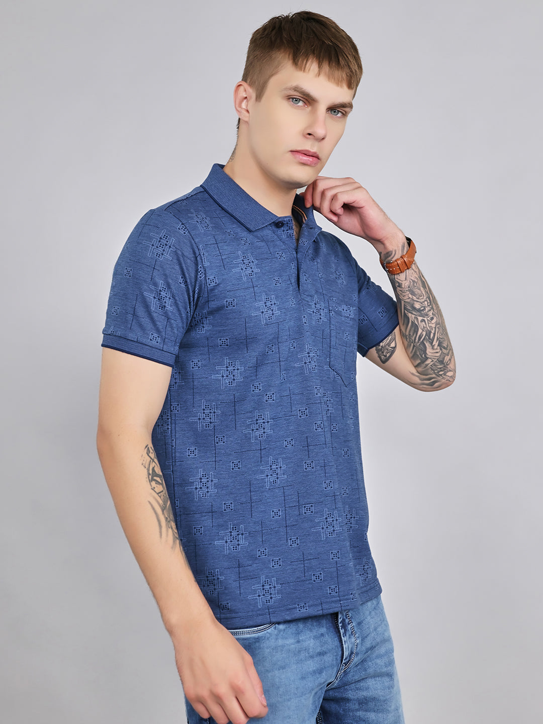 Men Blue Self Design Collar Half Sleeve T-Shirt