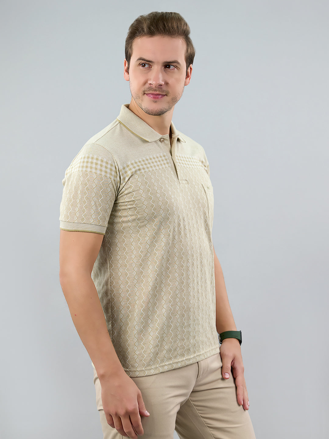 Men Beige Stripe Polo Collar Half Sleeve T-Shirt