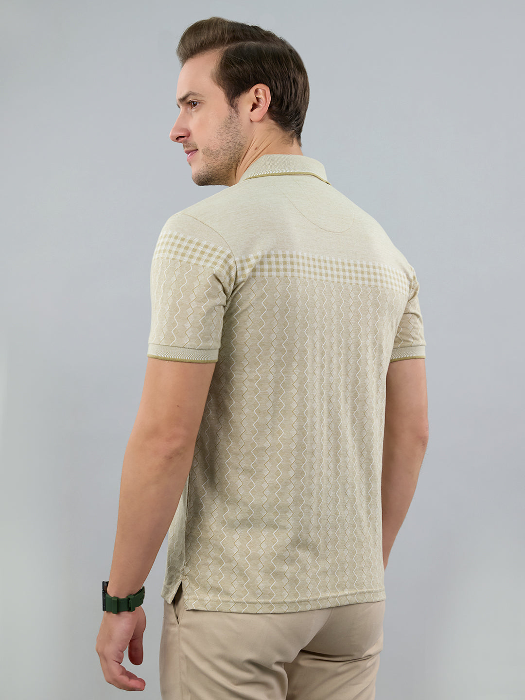 Men Beige Stripe Polo Collar Half Sleeve T-Shirt