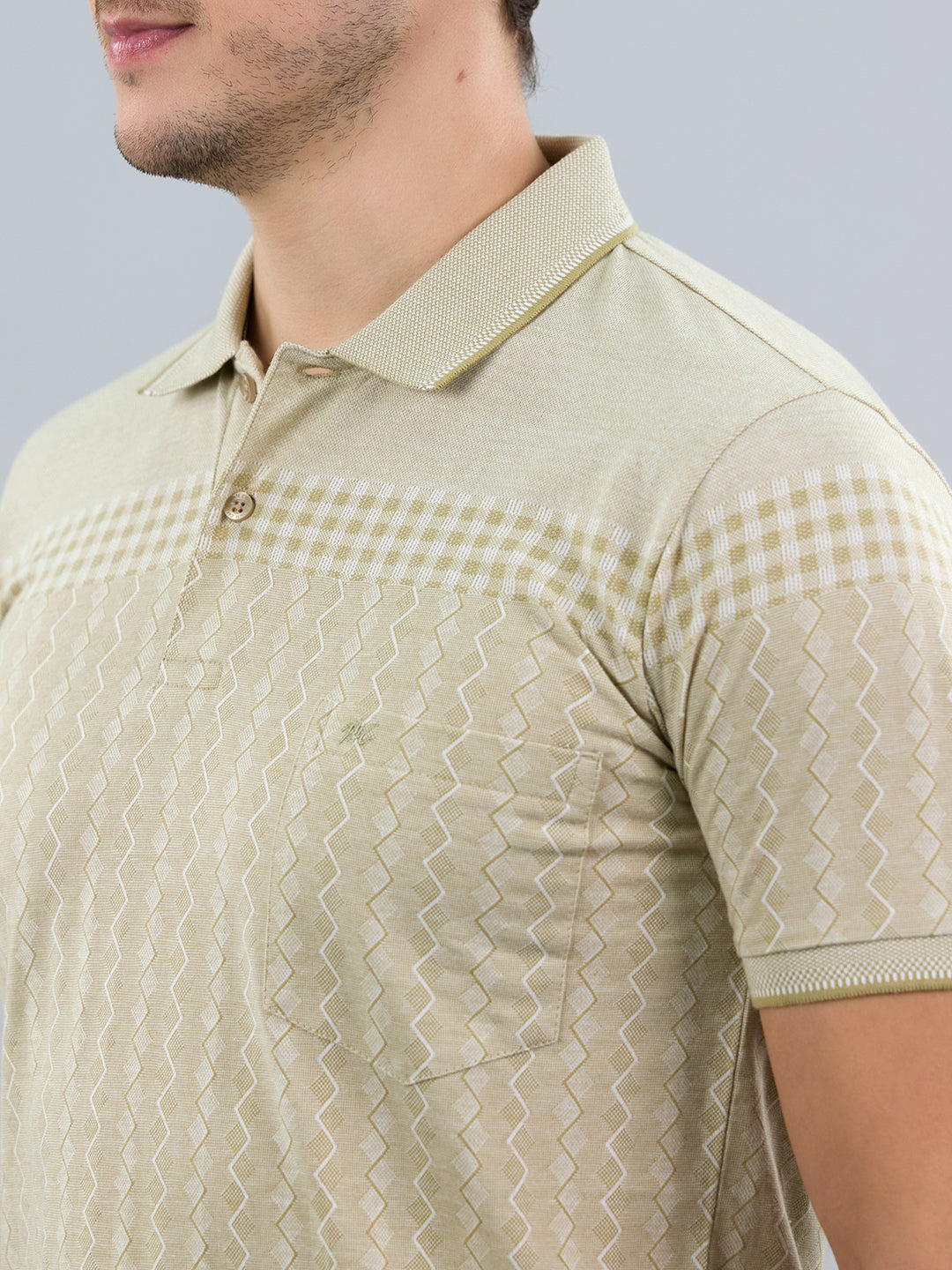 Men Beige Stripe Polo Collar Half Sleeve T-Shirt