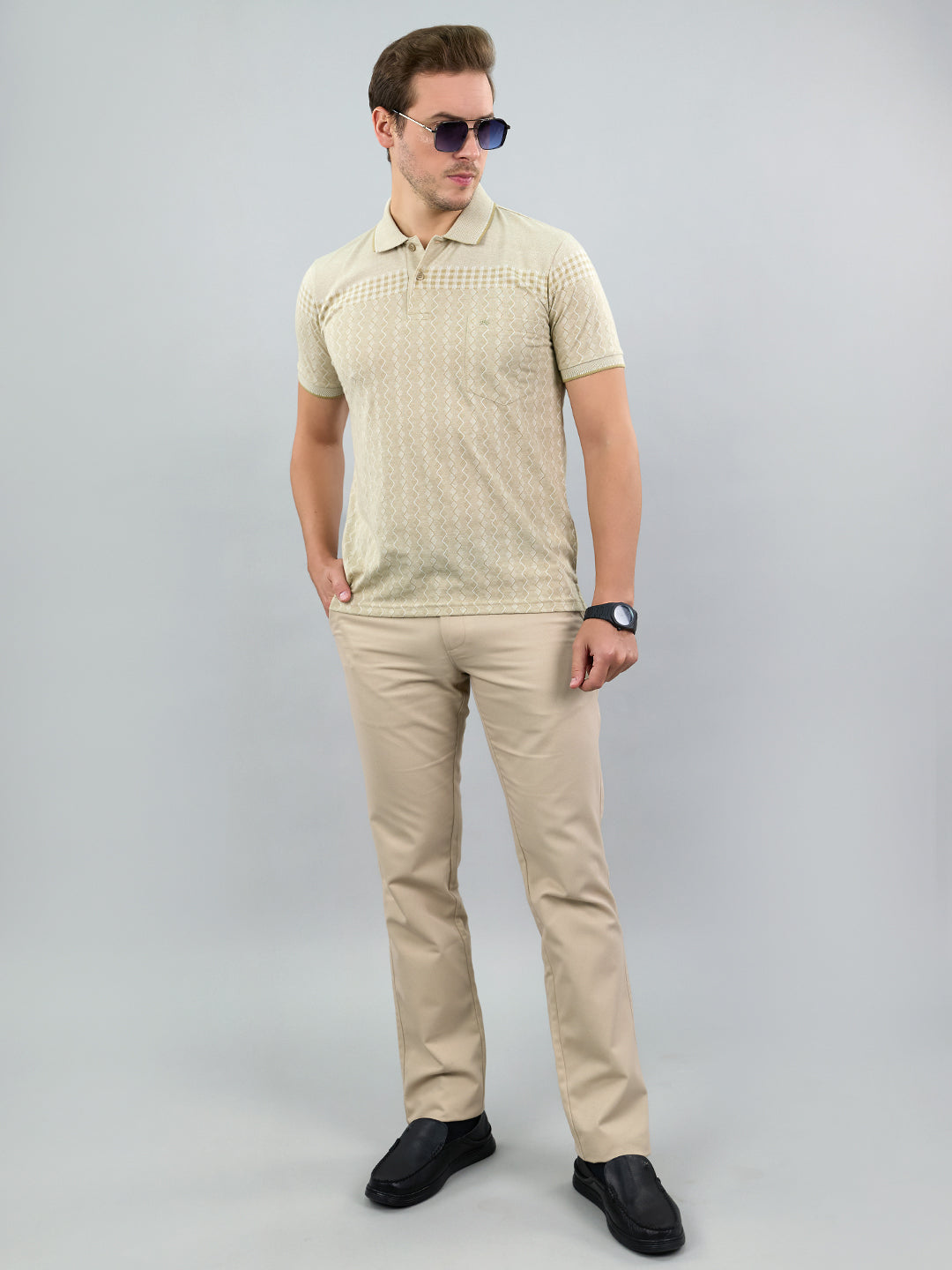 Men Beige Stripe Polo Collar Half Sleeve T-Shirt