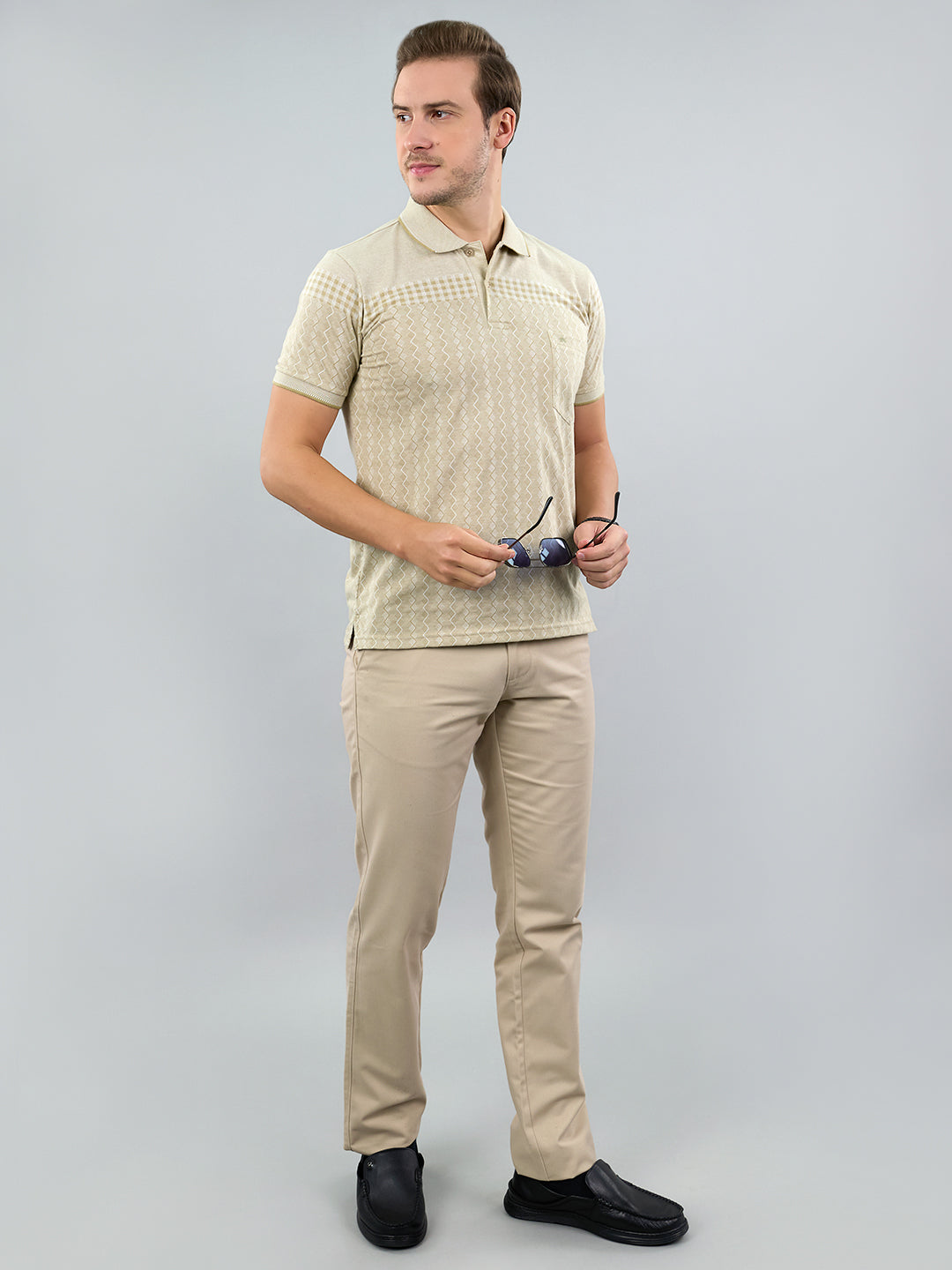 Men Beige Stripe Polo Collar Half Sleeve T-Shirt