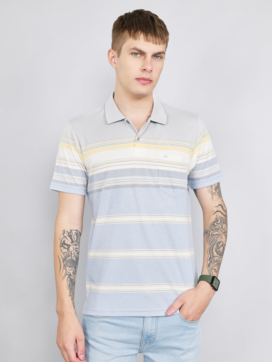 Men Grey Stripe Collar Half Sleeve T-Shirt