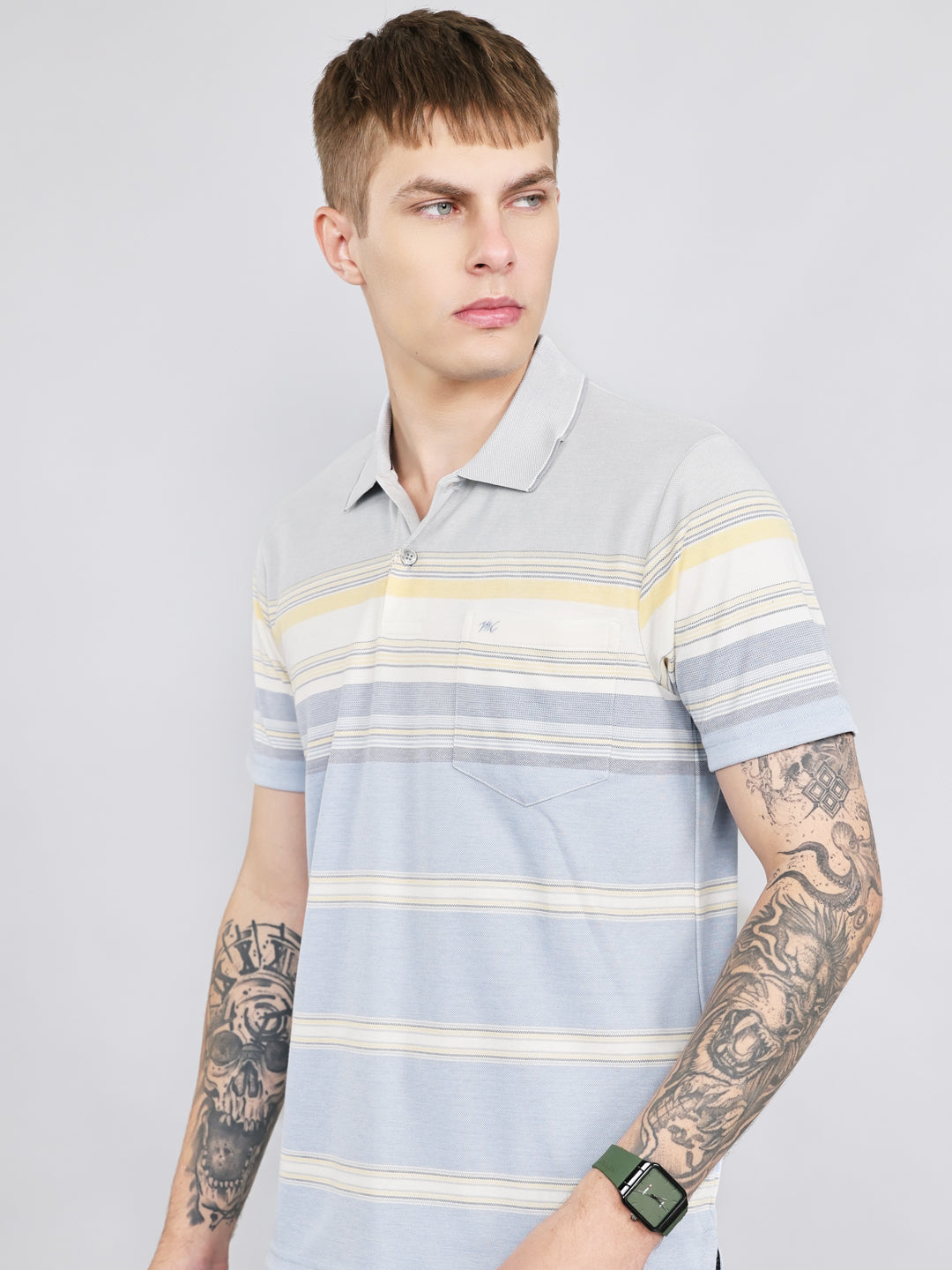 Men Grey Stripe Collar Half Sleeve T-Shirt