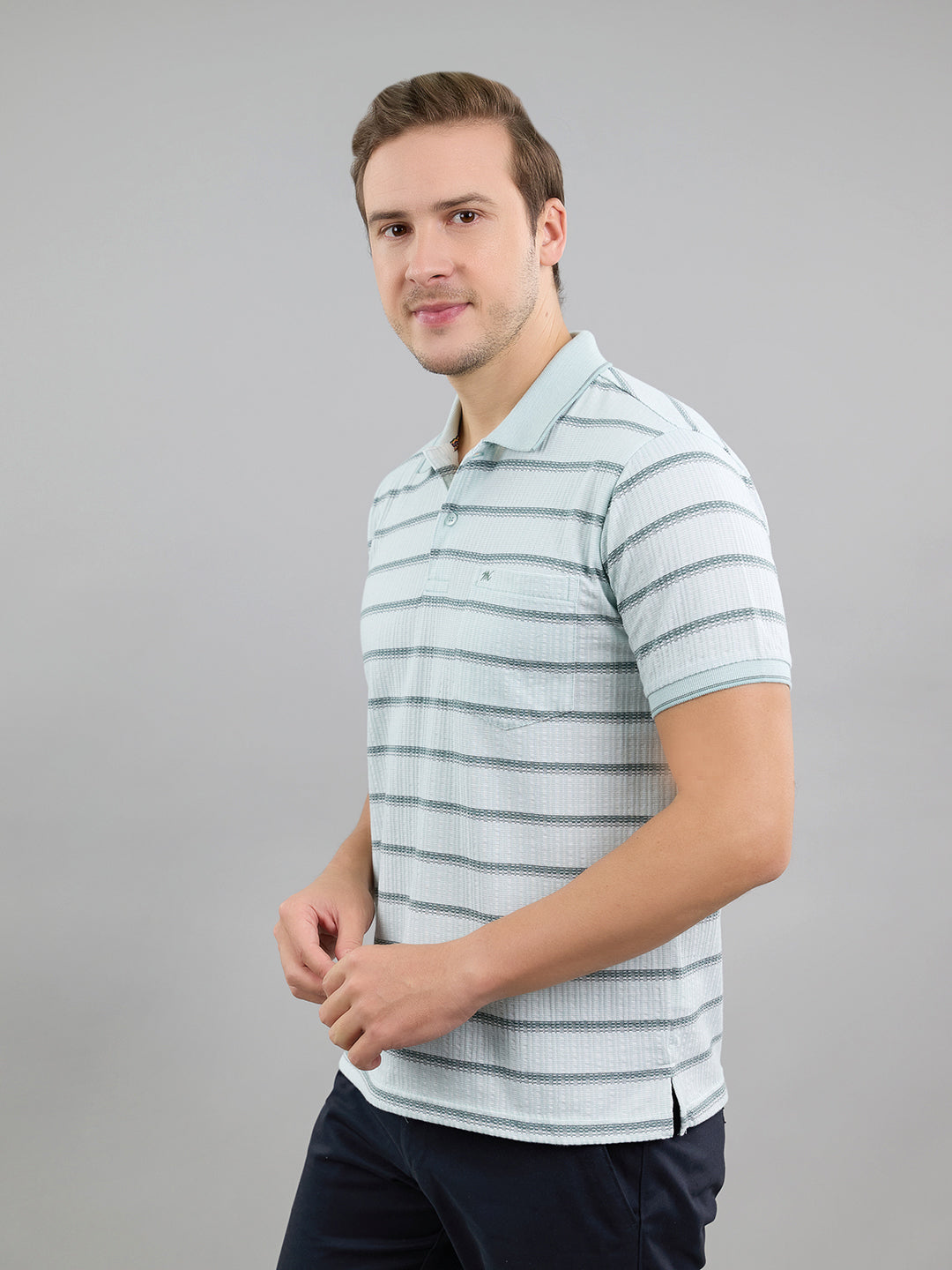 Men Sea Green Stripe Polo Collar Half Sleeve T-Shirt