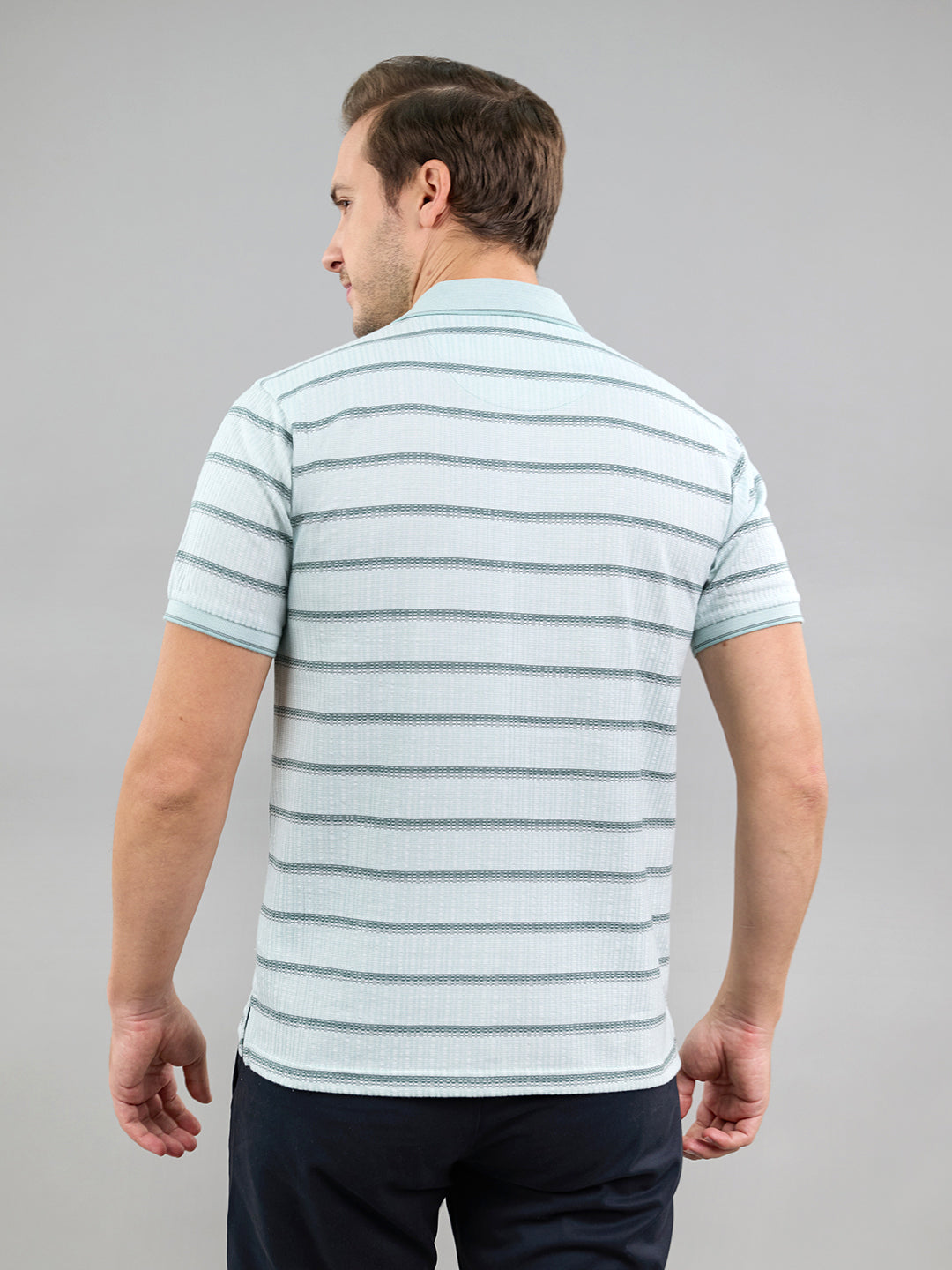 Men Sea Green Stripe Polo Collar Half Sleeve T-Shirt