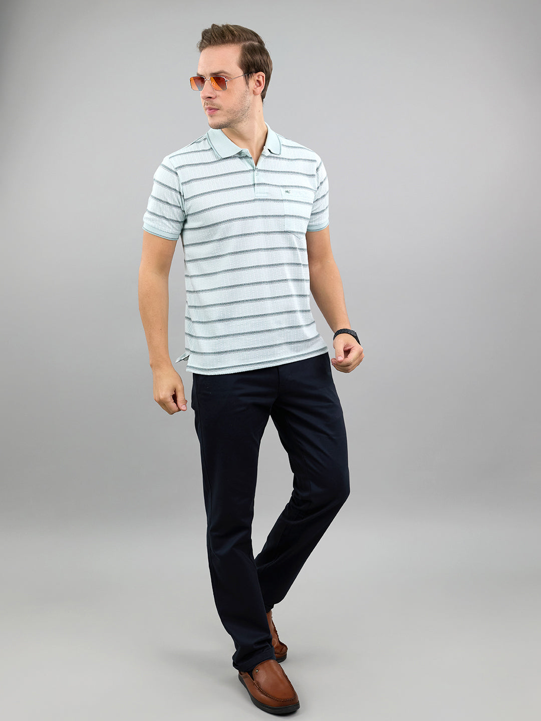 Men Sea Green Stripe Polo Collar Half Sleeve T-Shirt