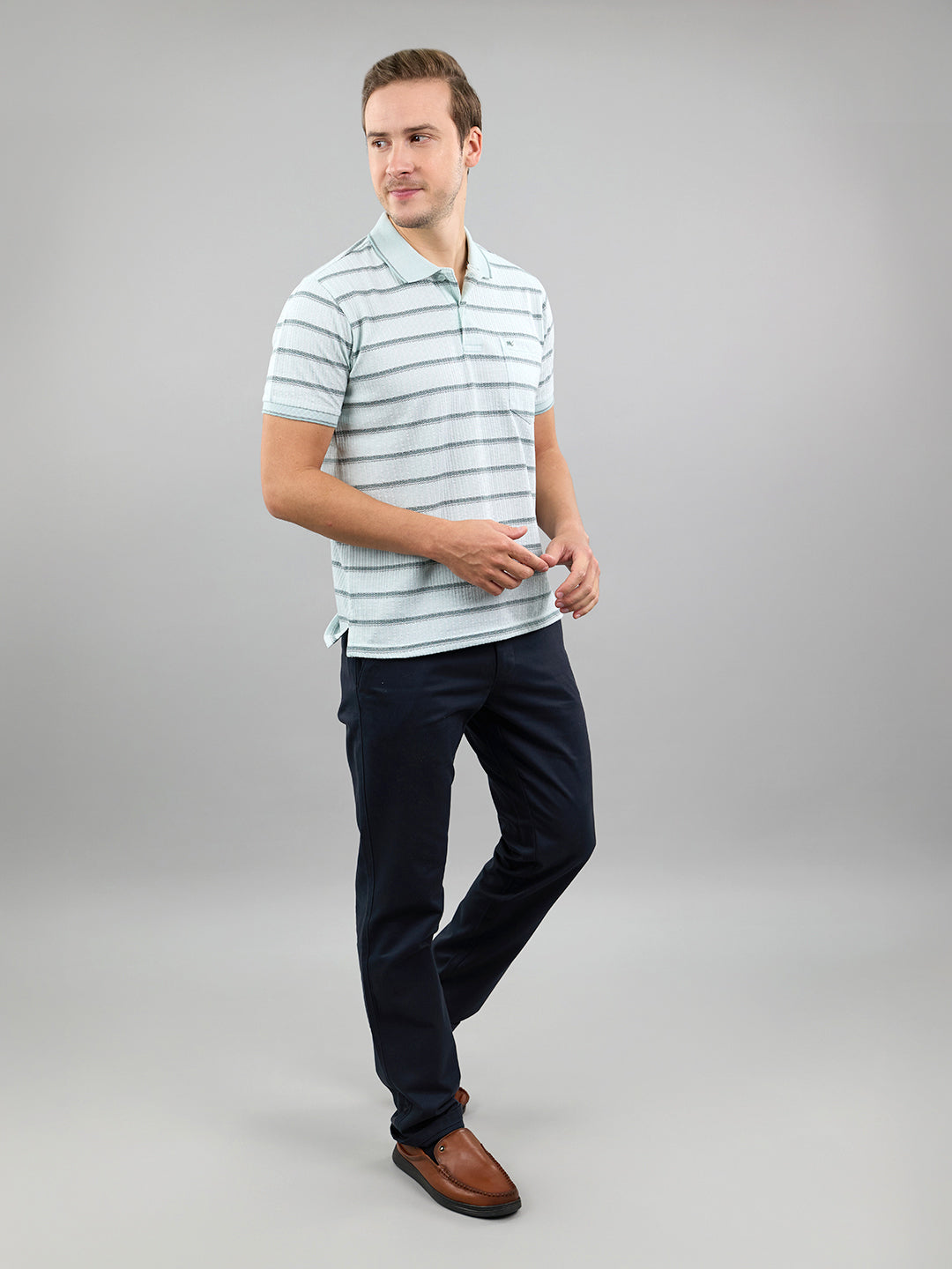 Men Sea Green Stripe Polo Collar Half Sleeve T-Shirt