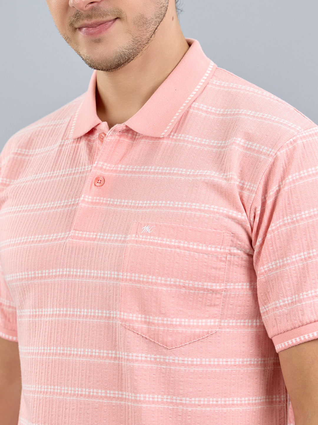 Men Pink Stripe Polo Collar Half Sleeve T-Shirt