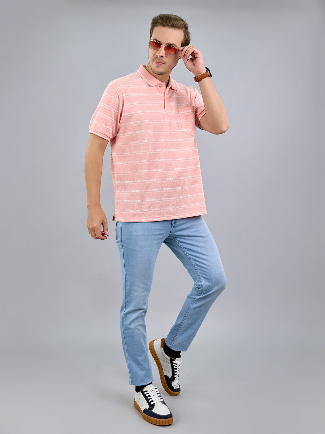 Men Pink Stripe Polo Collar Half Sleeve T-Shirt