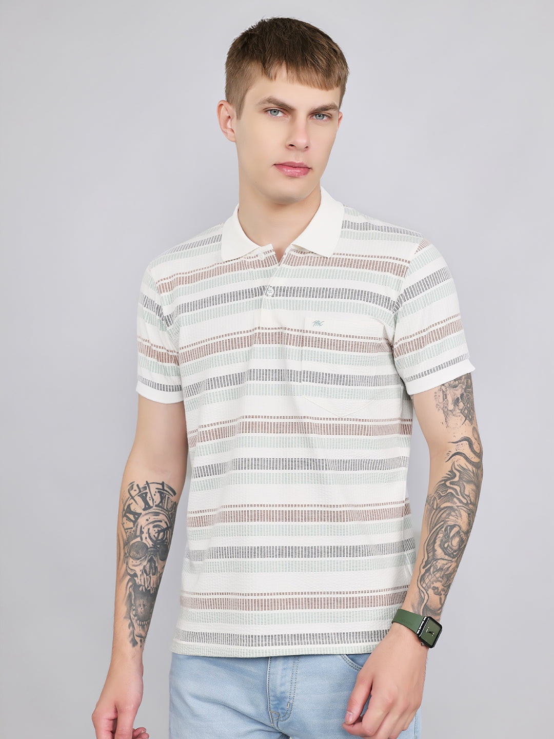 Men Sea Green Stripe Collar Half Sleeve T-Shirt