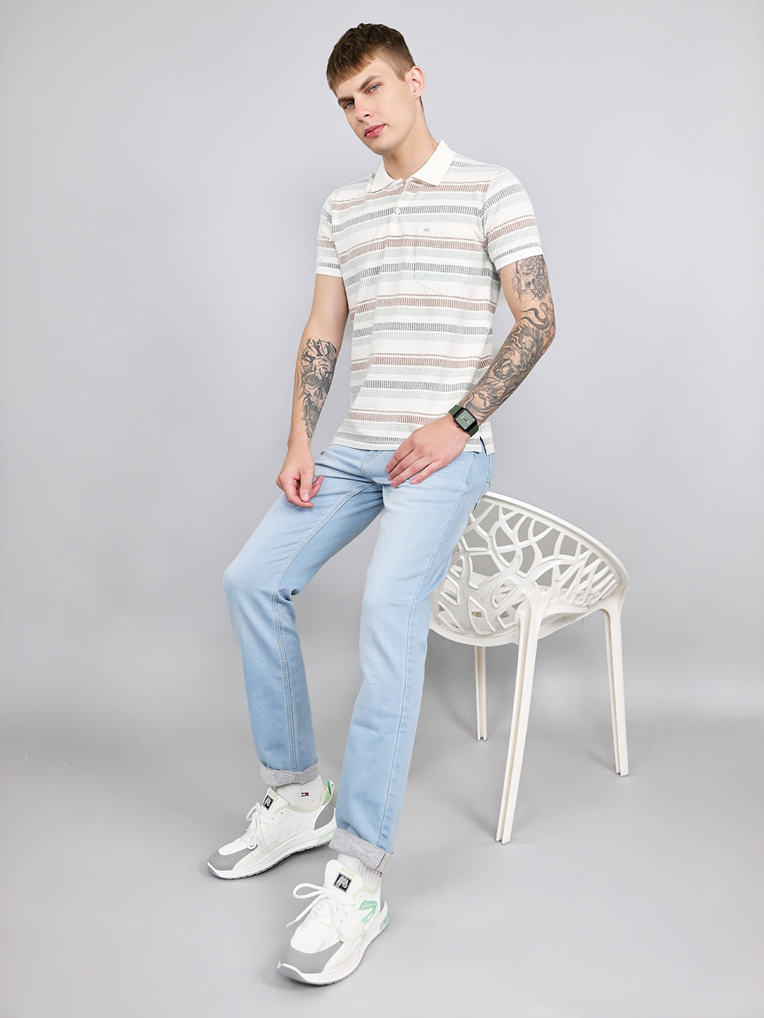 Men Sea Green Stripe Collar Half Sleeve T-Shirt