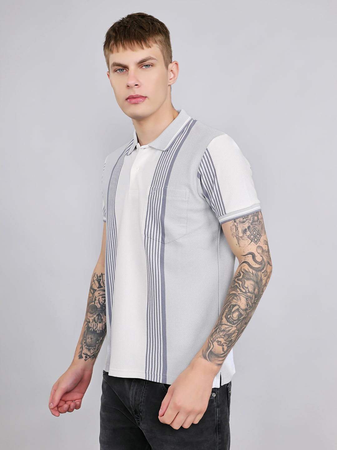 Men Grey Stripe Collar Half Sleeve T-Shirt