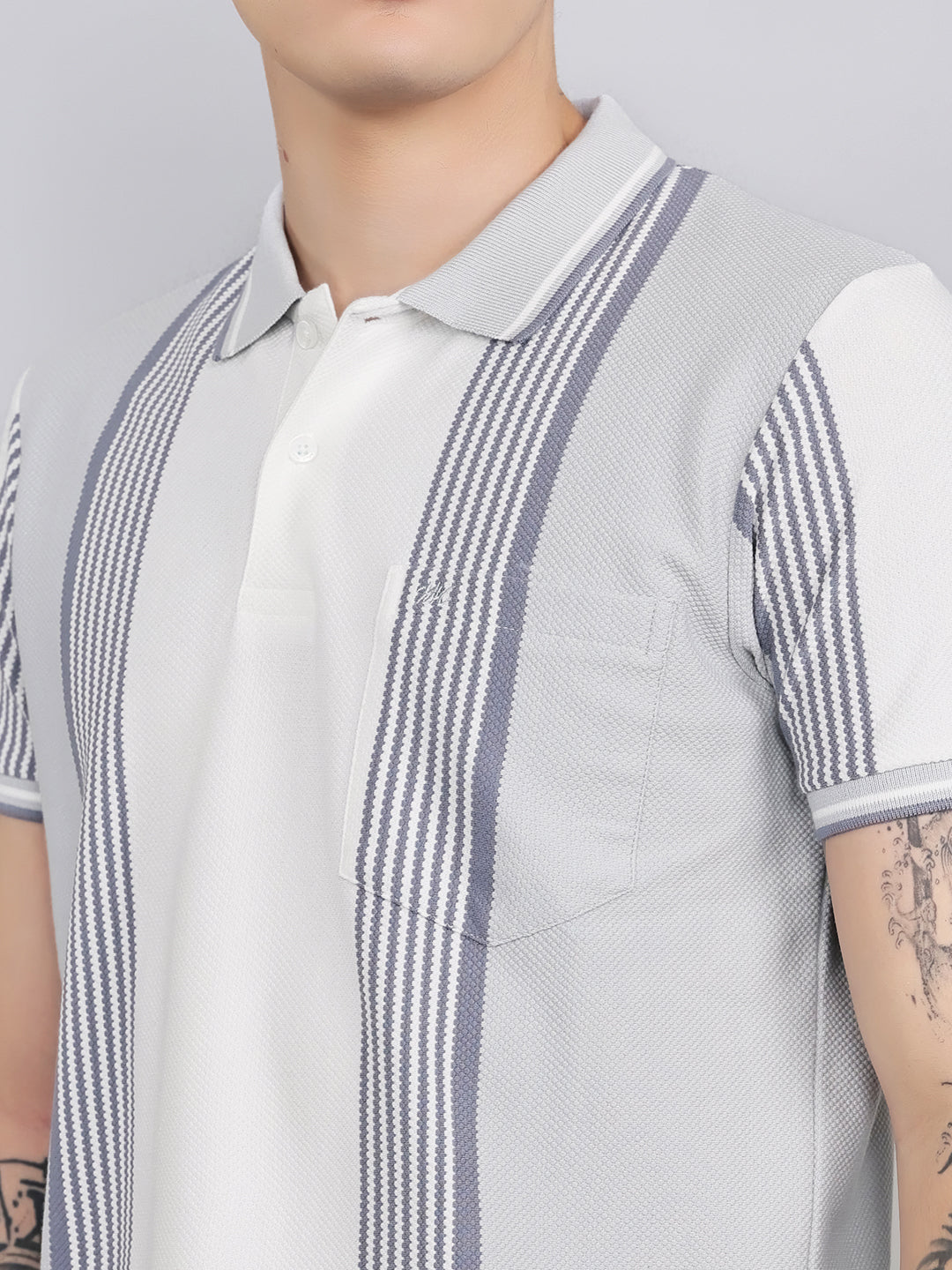Men Grey Stripe Collar Half Sleeve T-Shirt