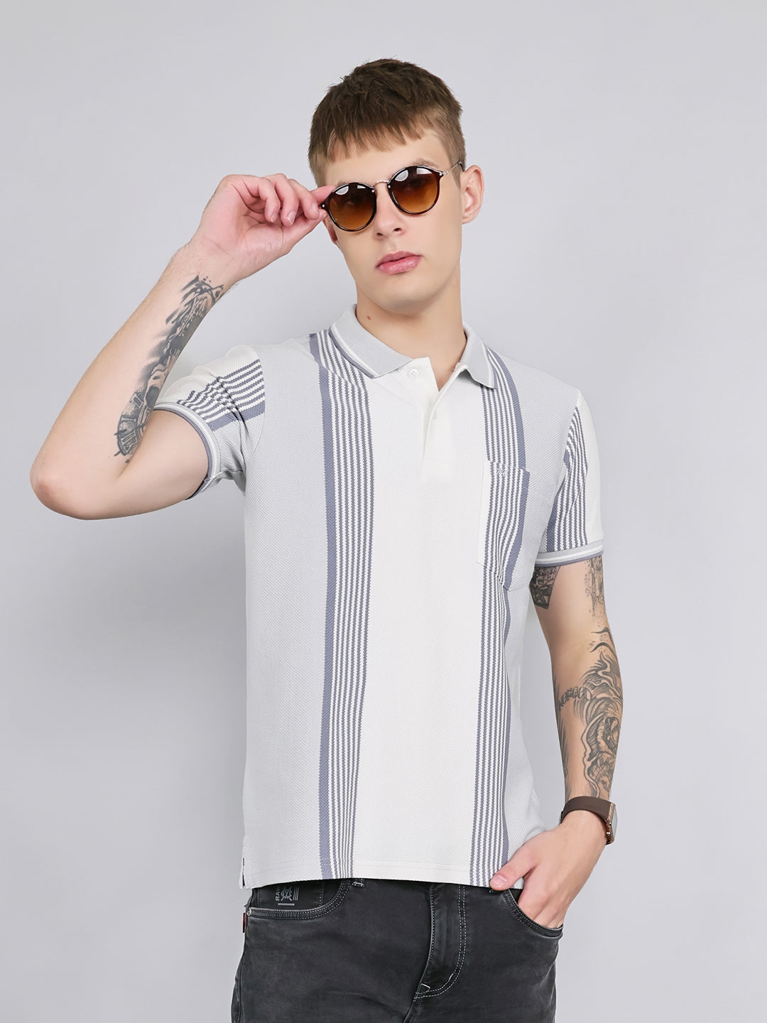 Men Grey Stripe Collar Half Sleeve T-Shirt