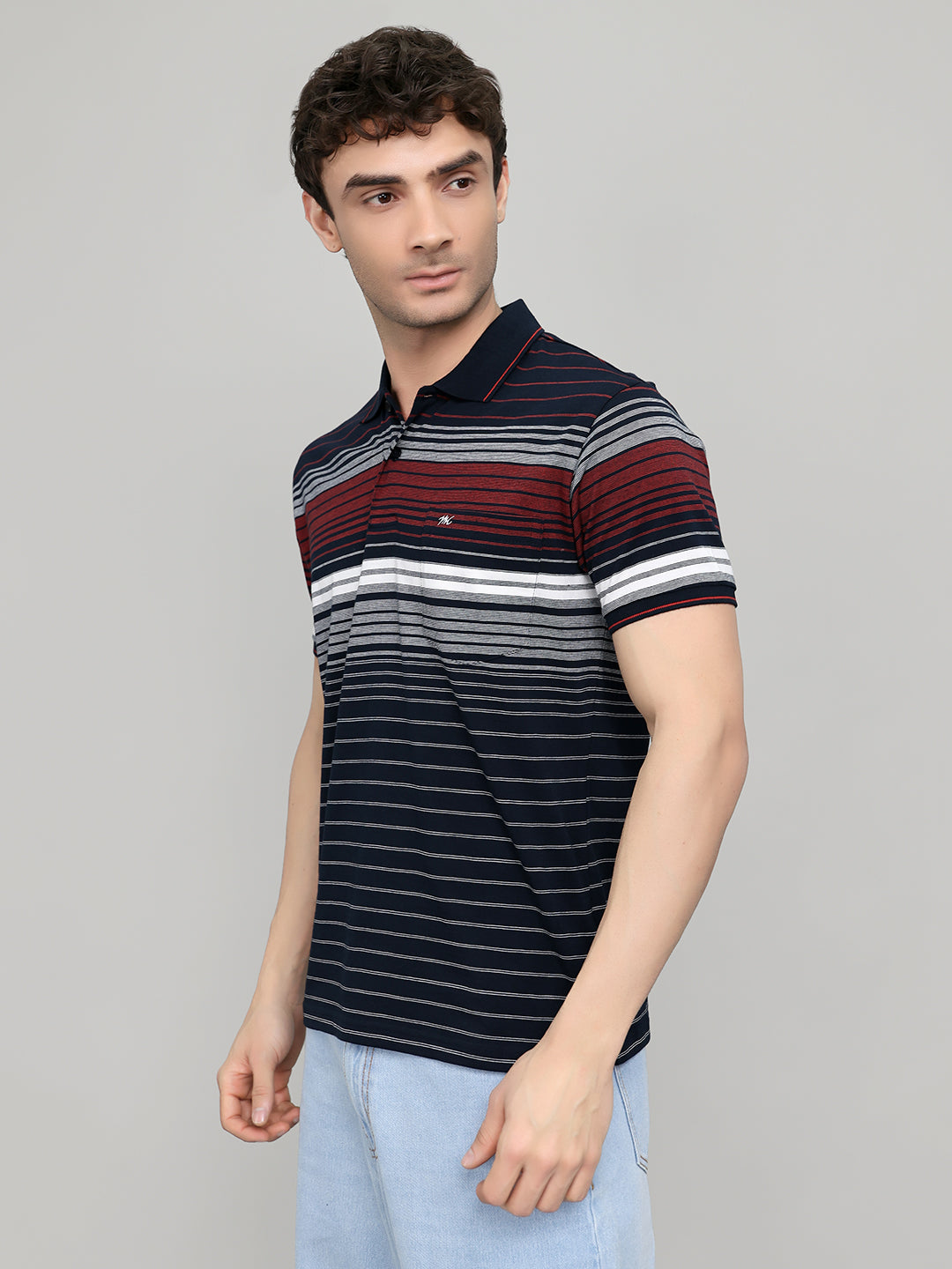 Men Navy Blue Stripe Collar Half Sleeve T-Shirt