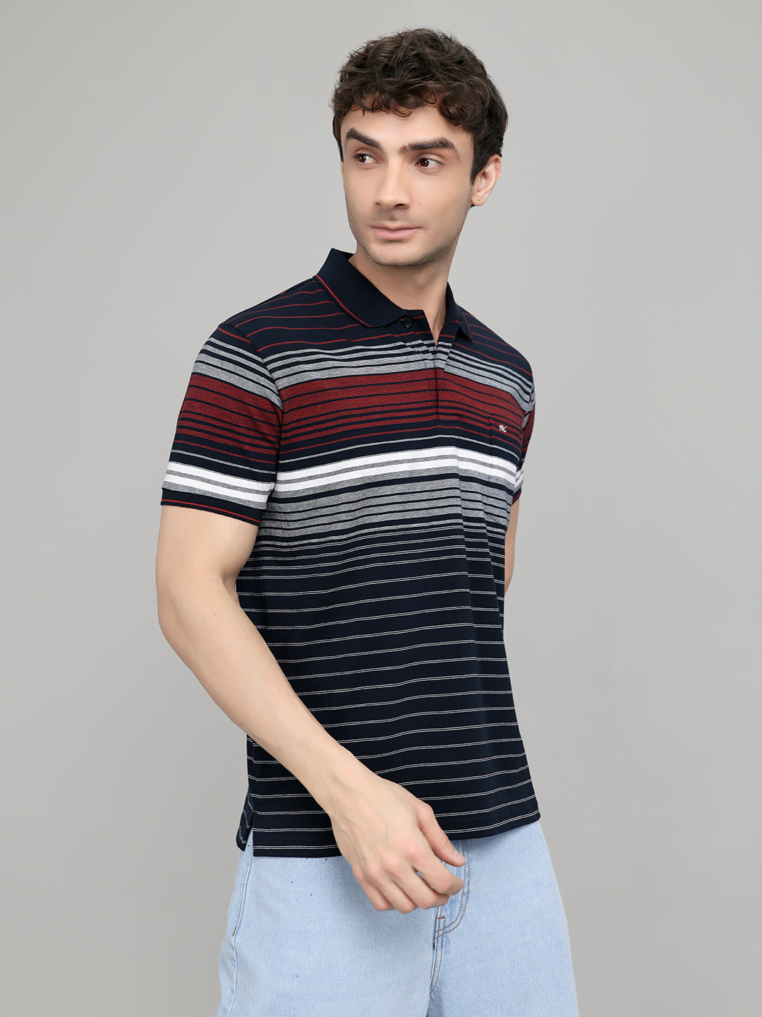 Men Navy Blue Stripe Collar Half Sleeve T-Shirt