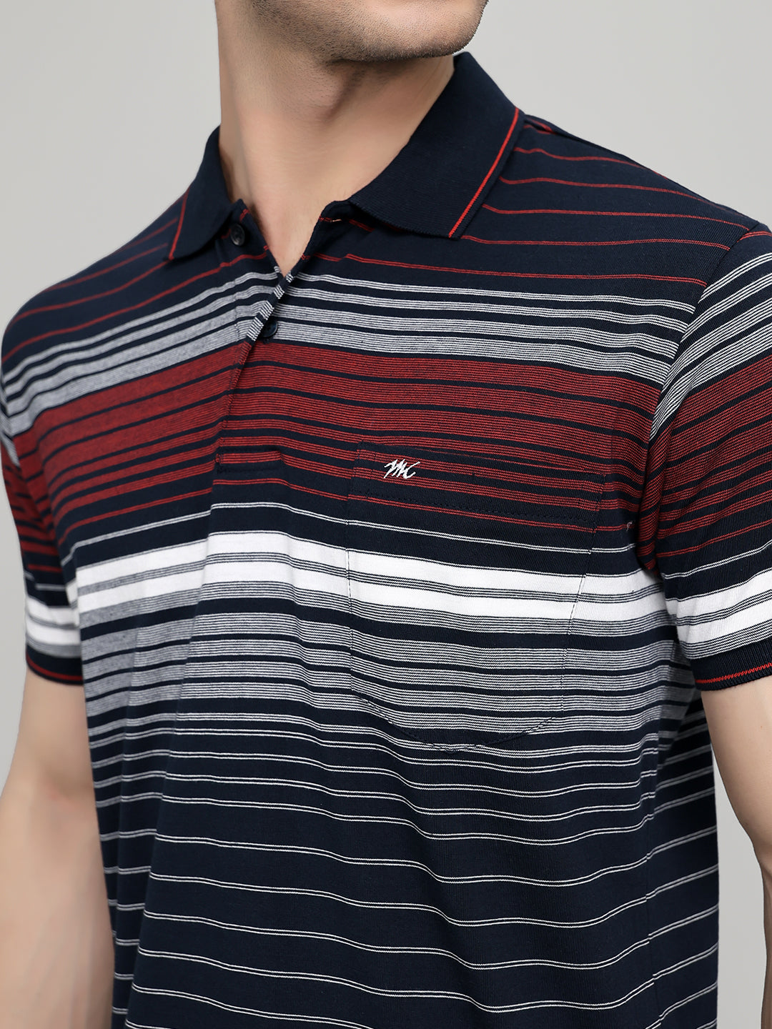 Men Navy Blue Stripe Collar Half Sleeve T-Shirt