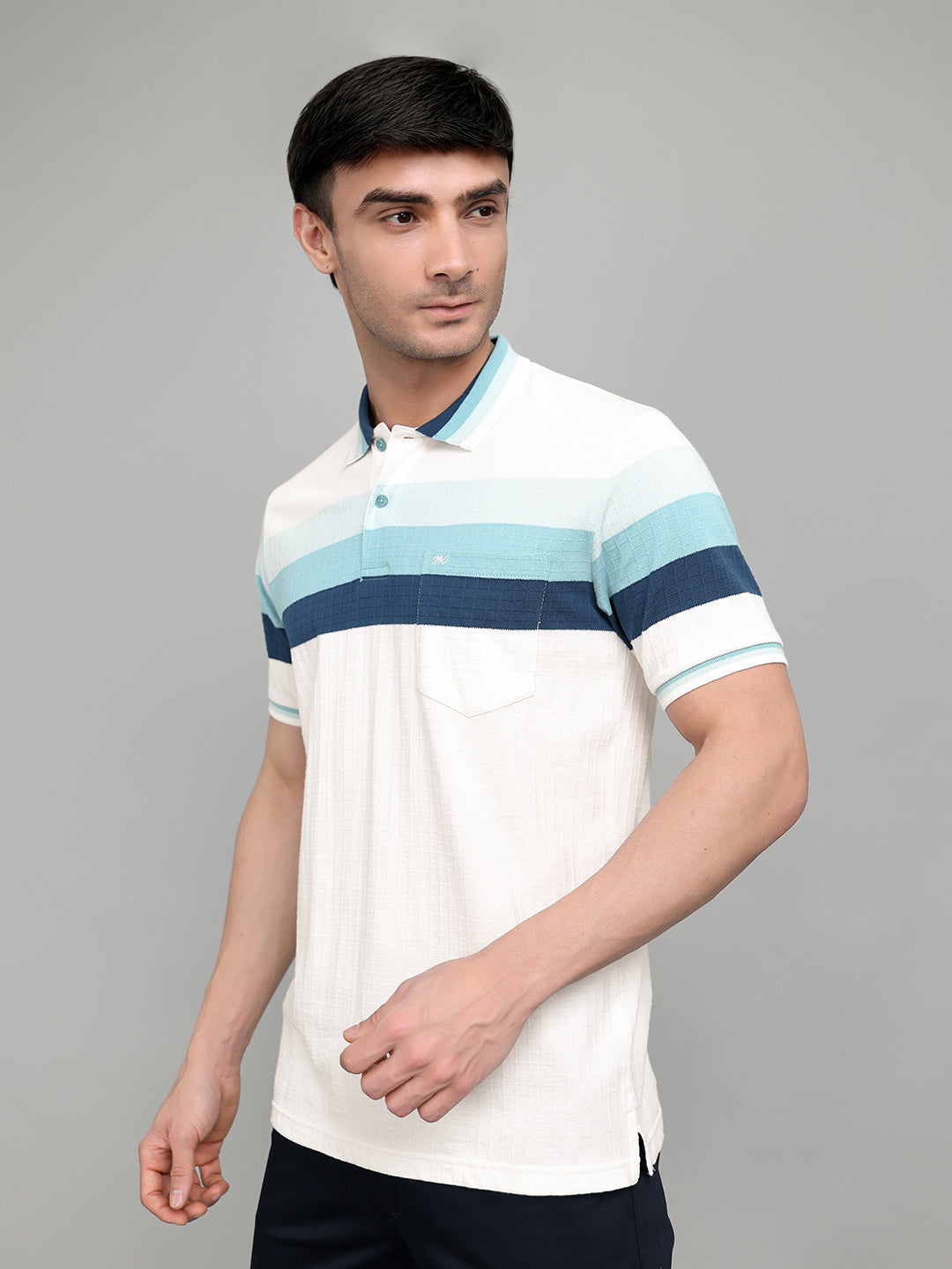 Men White Stripe Collar Half Sleeve T-Shirt