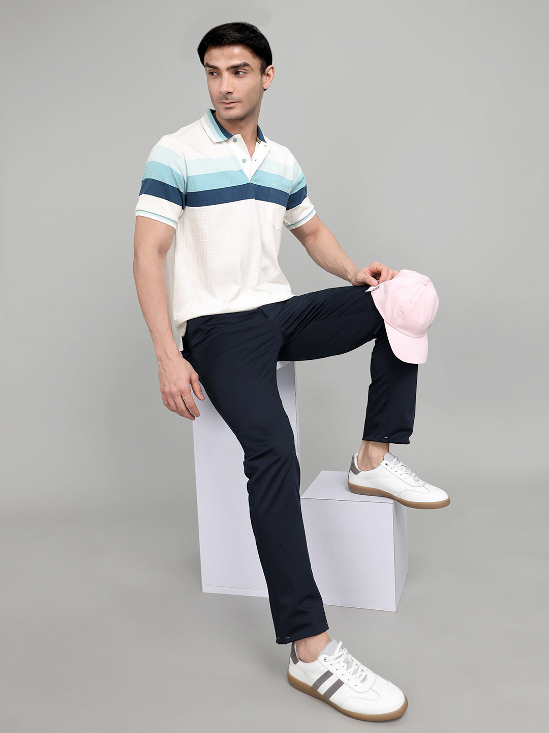 Men White Stripe Collar Half Sleeve T-Shirt