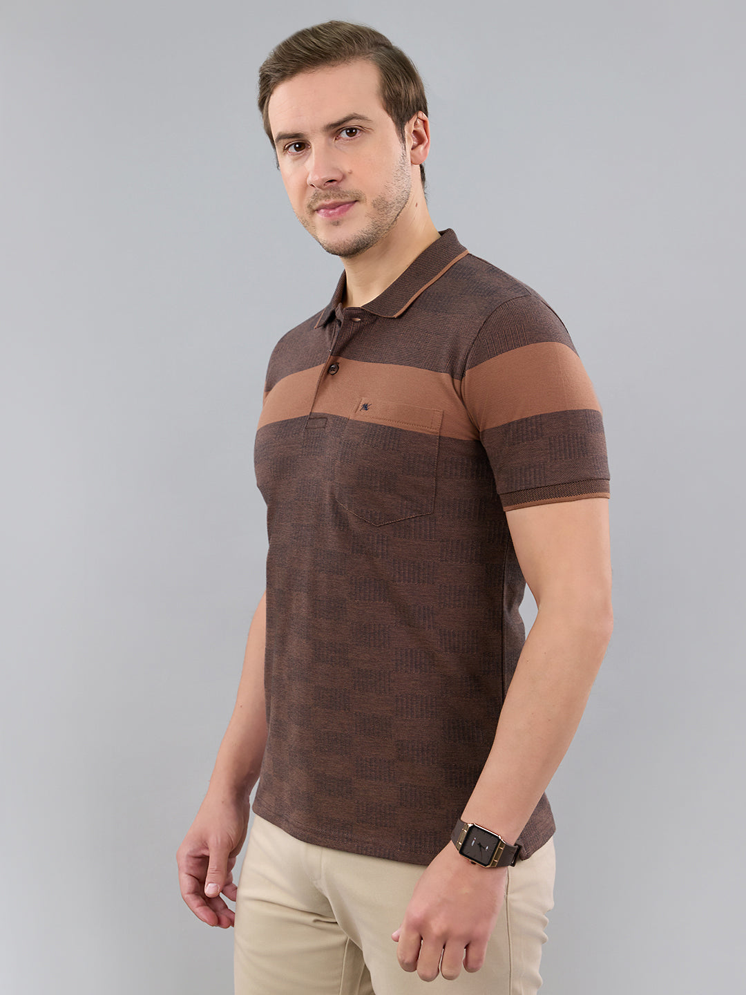 Men Brown Stripe Polo Collar Half Sleeve T-Shirt