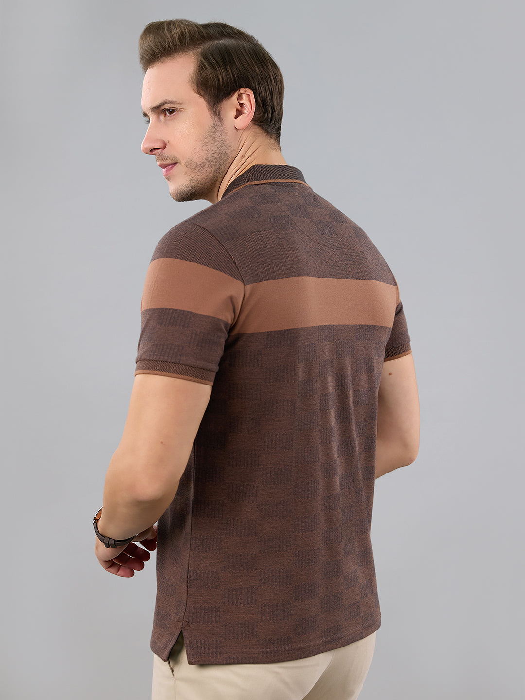 Men Brown Stripe Polo Collar Half Sleeve T-Shirt