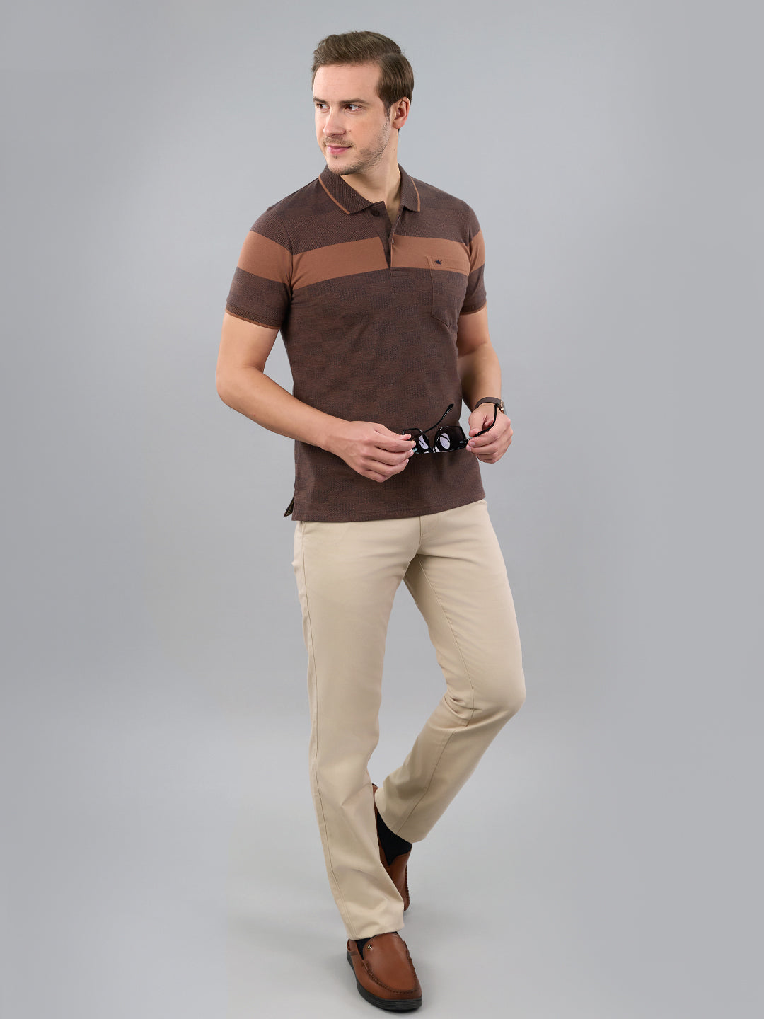Men Brown Stripe Polo Collar Half Sleeve T-Shirt