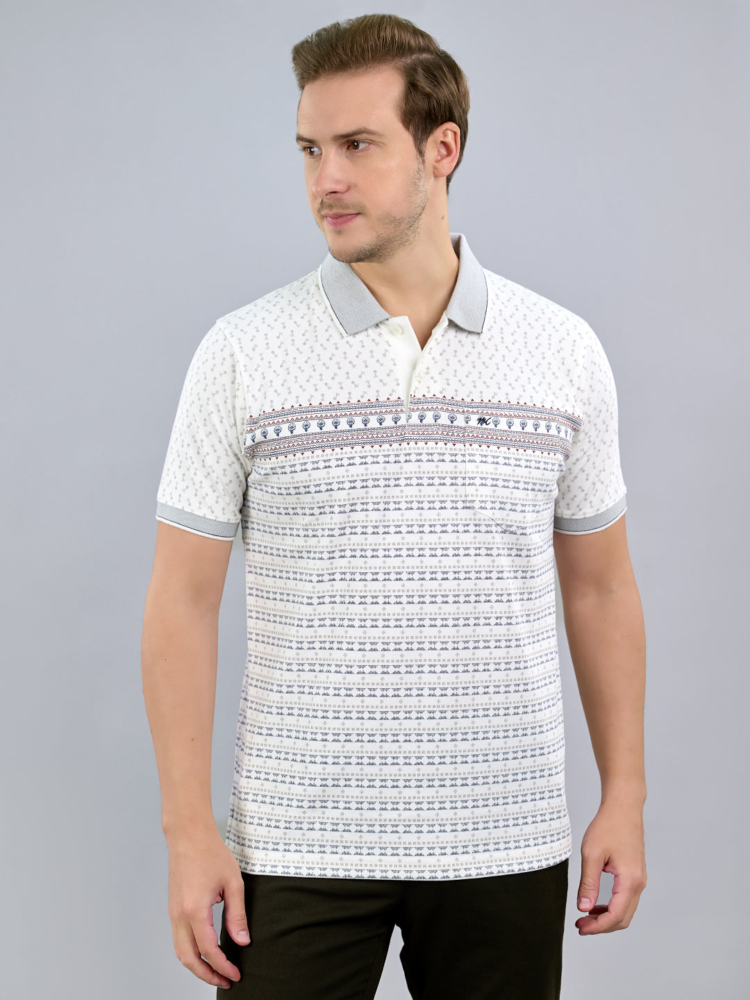 Men White Printed Polo Collar Half Sleeve T-Shirt