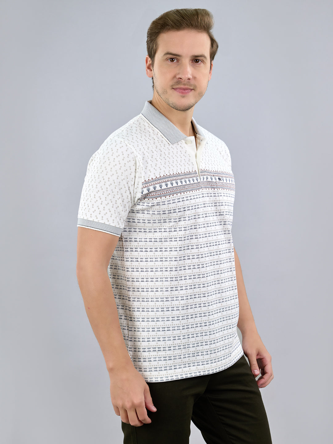 Men White Printed Polo Collar Half Sleeve T-Shirt