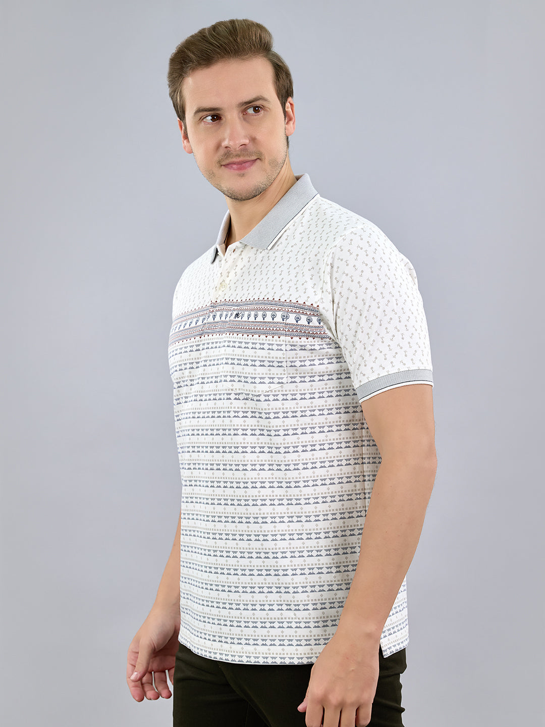 Men White Printed Polo Collar Half Sleeve T-Shirt