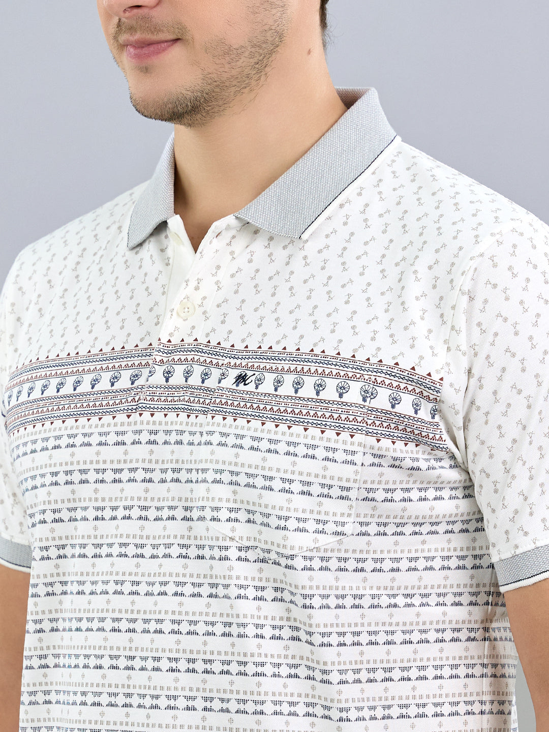 Men White Printed Polo Collar Half Sleeve T-Shirt