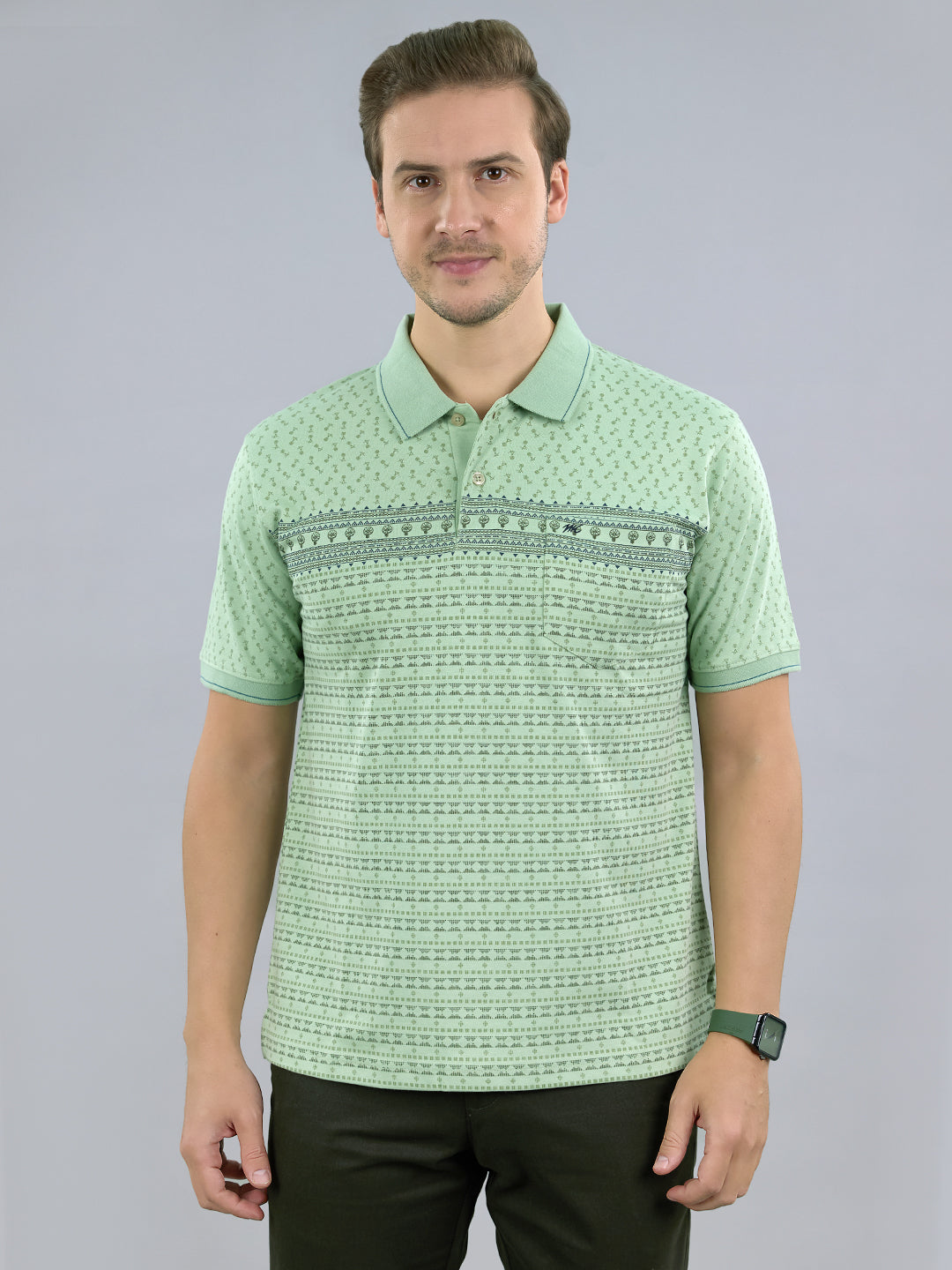 Men Green Printed Polo Collar Half Sleeve T-Shirt