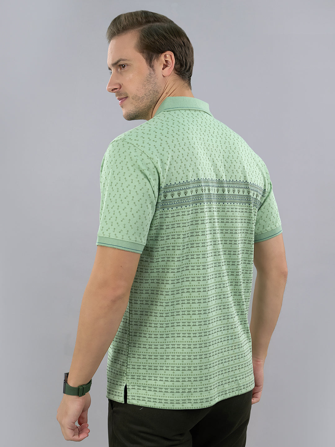 Men Green Printed Polo Collar Half Sleeve T-Shirt