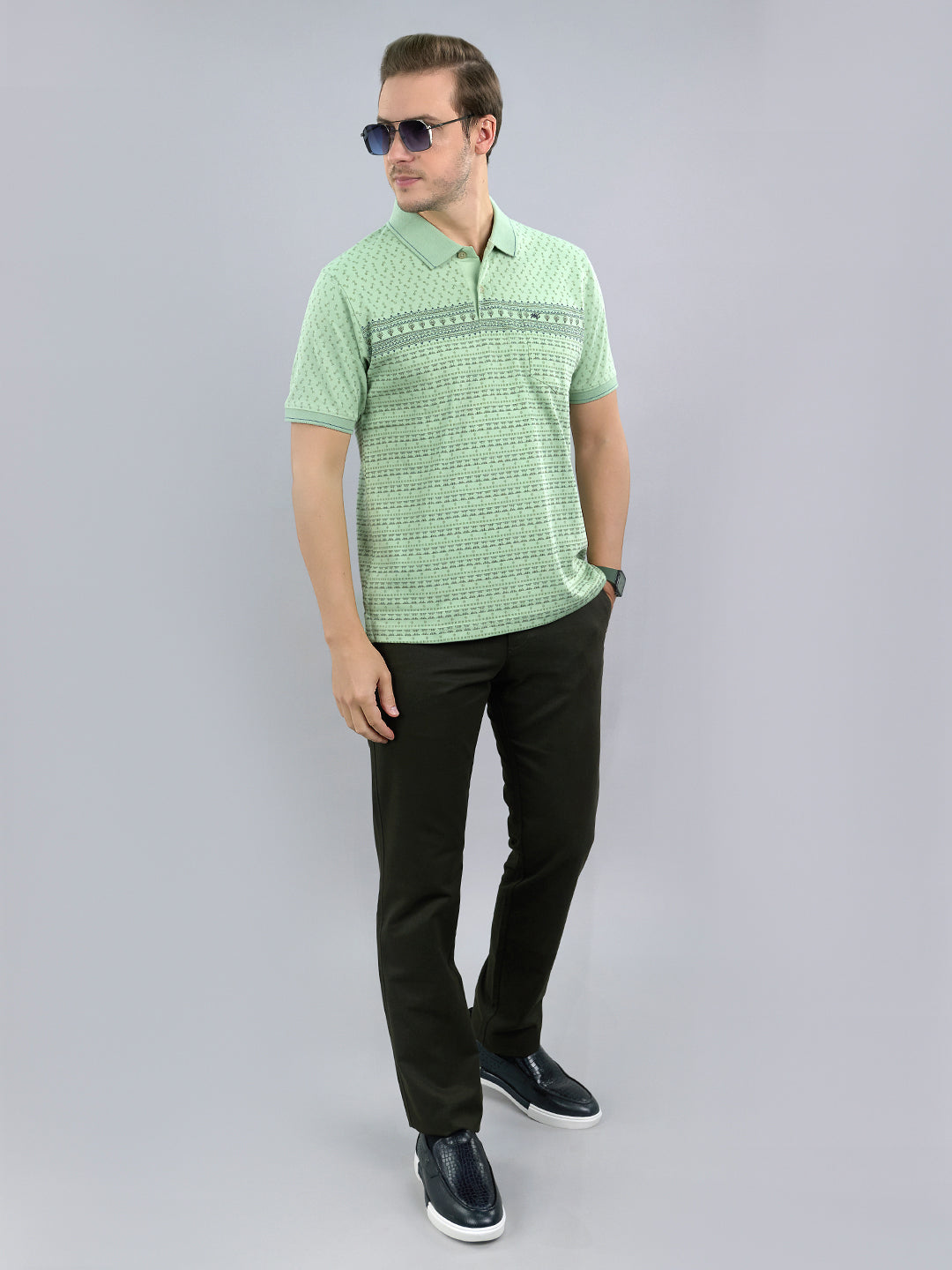 Men Green Printed Polo Collar Half Sleeve T-Shirt