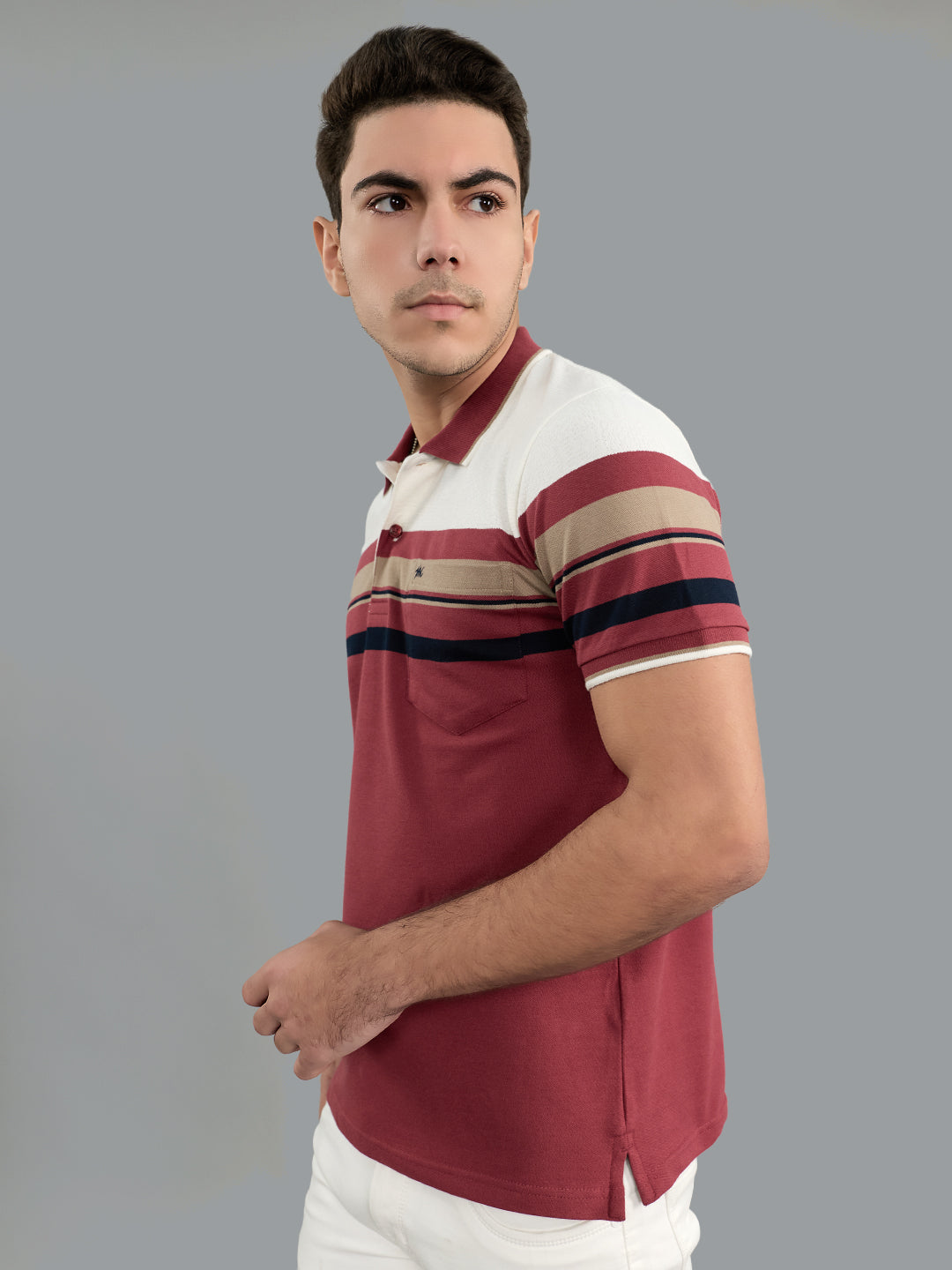 Men Burgundy Stripe Collar Half Sleeve T-Shirt