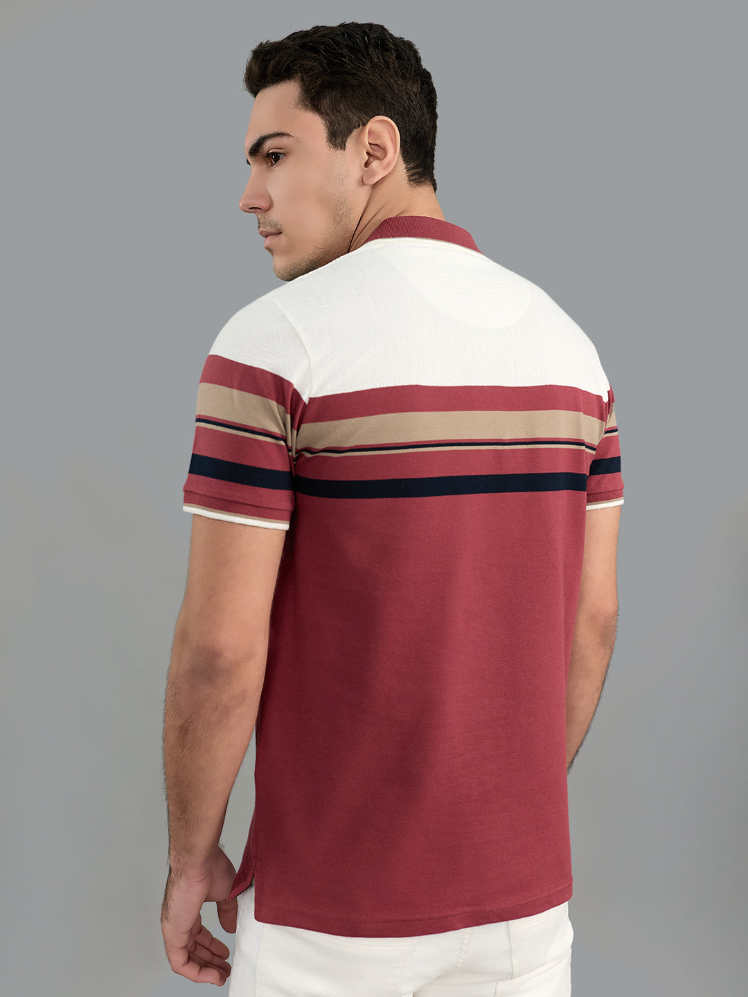 Men Burgundy Stripe Collar Half Sleeve T-Shirt