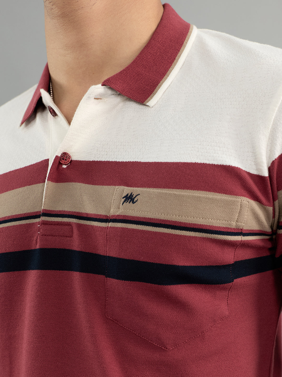 Men Burgundy Stripe Collar Half Sleeve T-Shirt