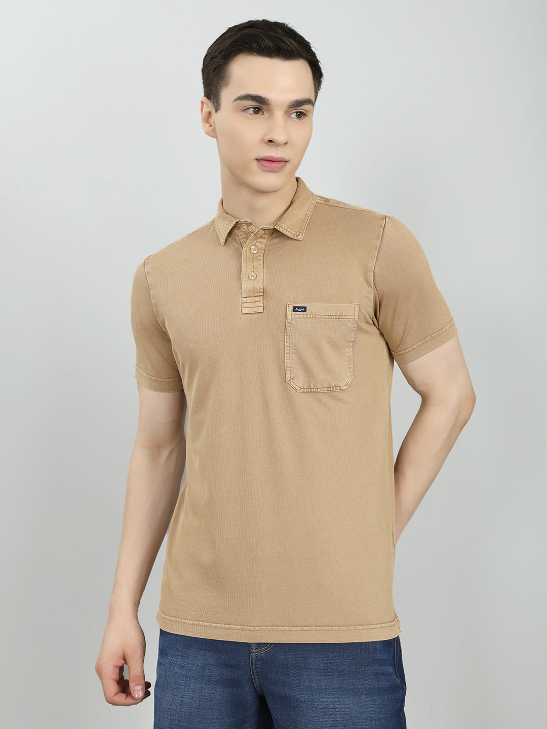 Men Tan Solid Collar Half Sleeve T-Shirt