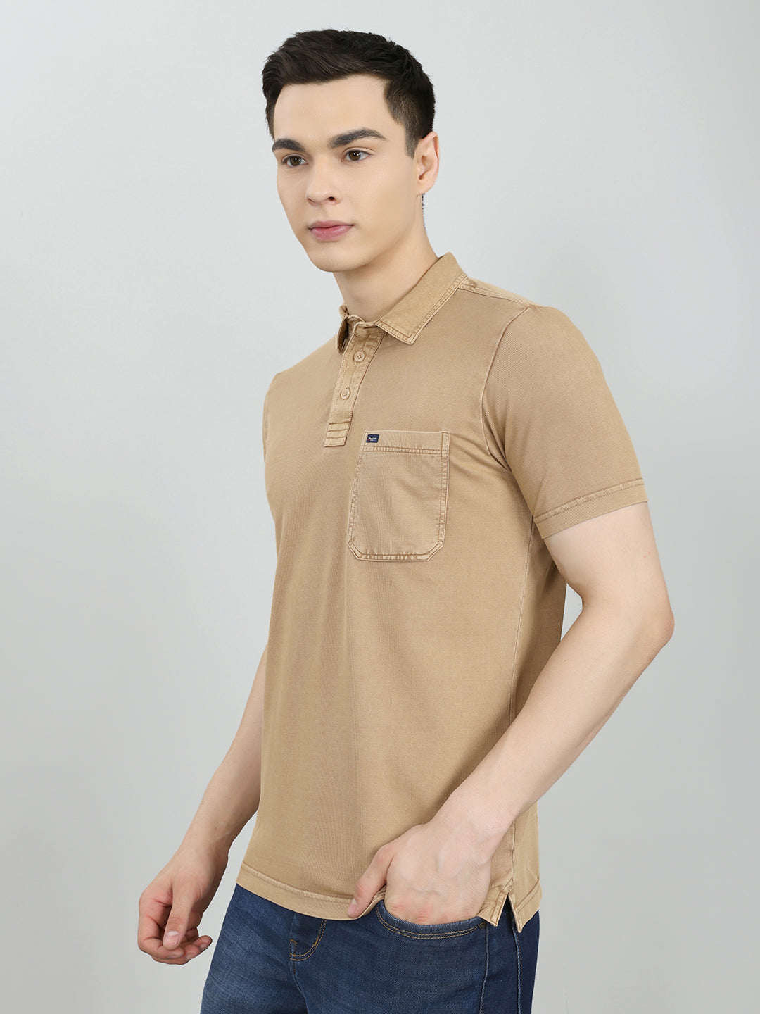 Men Tan Solid Collar Half Sleeve T-Shirt