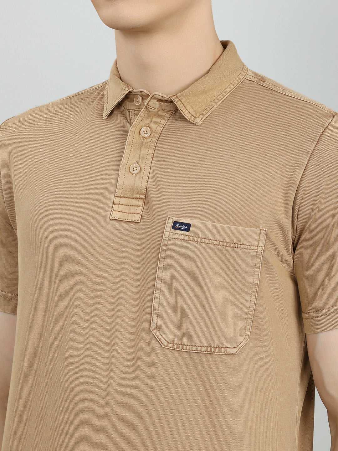 Men Tan Solid Collar Half Sleeve T-Shirt