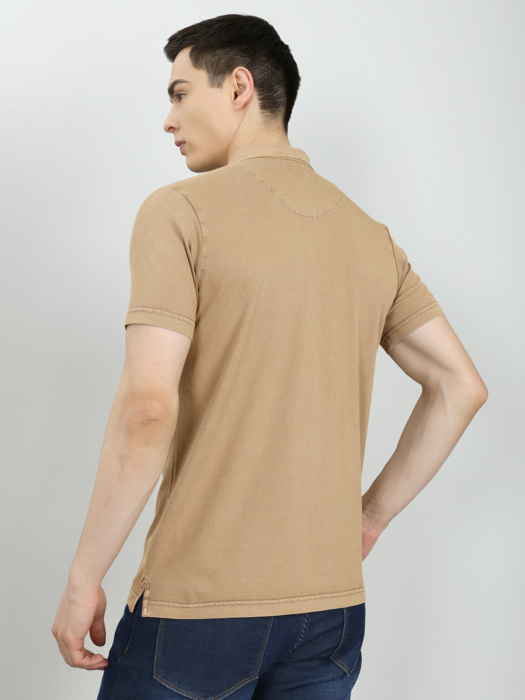 Men Tan Solid Collar Half Sleeve T-Shirt