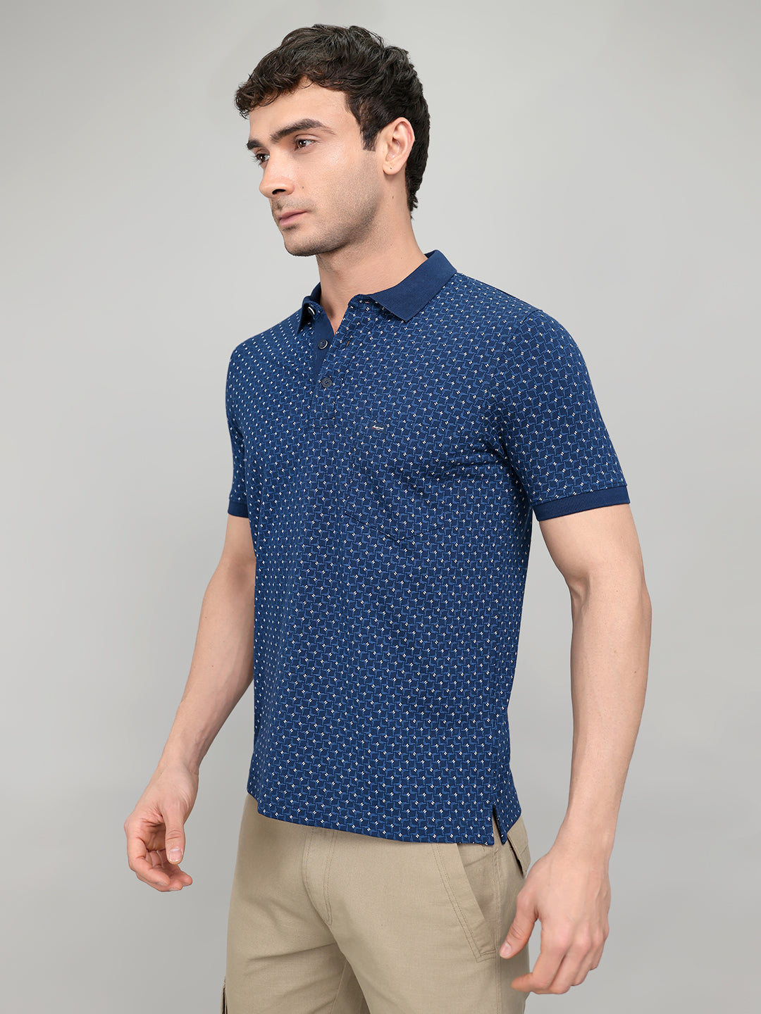 Men Blue Printed Collar Half Sleeve T-Shirt